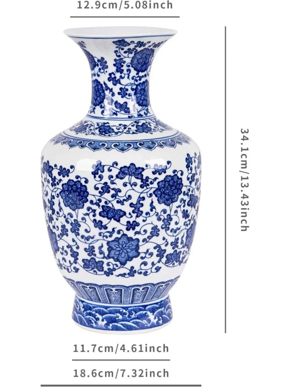 Large 13-Inch Blue & White Porcelain Vase - Elegant Home Decor Accent